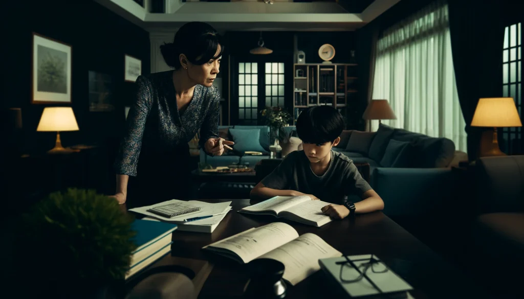 A wealthy Japanese family living room scene focused on academic pressure. The room is well-furnished, reflecting affluence, with a large study desk covered in textbooks and papers. A middle-aged mother, of East Asian descent, with an intense expression, oversees her young son's studies, pointing sternly at a textbook. The child, looking tired and stressed, sits at the desk with his head down. In the corner, subtly integrated, is a small surveillance camera watching over the scene. The atmosphere is tense and somber.
